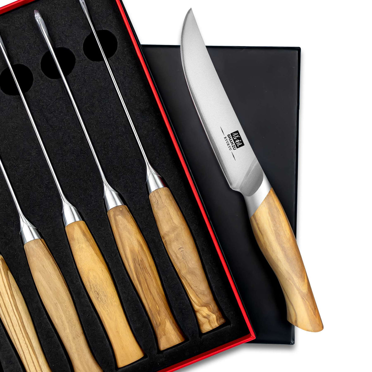 Razor-Sharp Steak Knife Set of 6 with Olive Wood Handle| Gift Box Dinner Knives