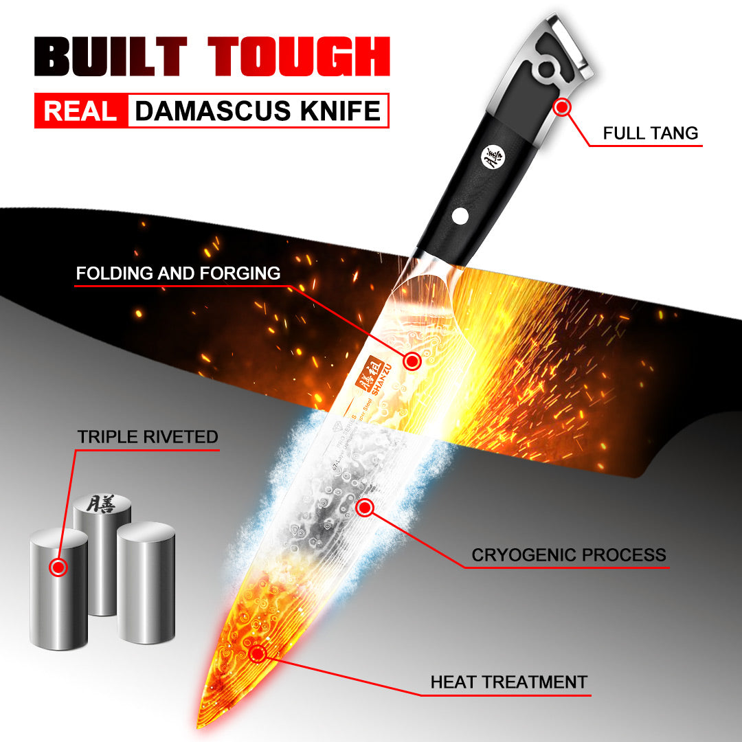 SHAN ZU 8.00" Blade Damascus Chef Knife | Best Chef Cooking Knives | 67 Layers Damascus Steel + G10 Handle