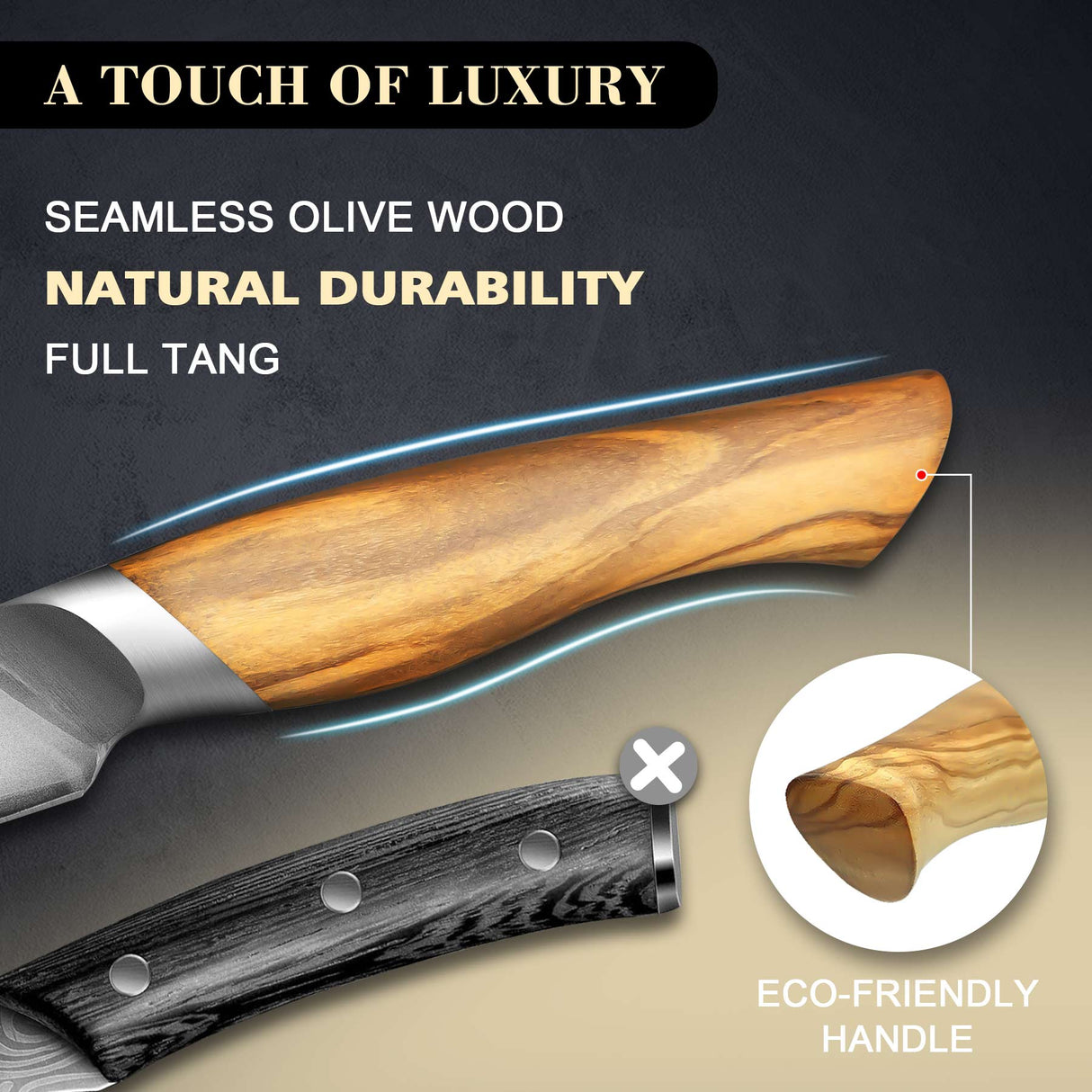 Razor-Sharp Steak Knife Set of 6 with Olive Wood Handle| Gift Box Dinner Knives