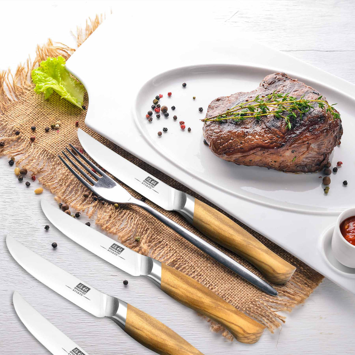 Razor-Sharp Steak Knife Set of 6 with Olive Wood Handle| Gift Box Dinner Knives