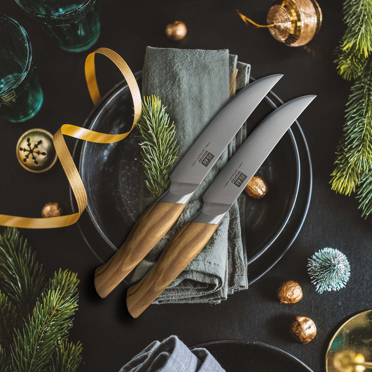 Razor-Sharp Steak Knife Set of 6 with Olive Wood Handle| Gift Box Dinner Knives