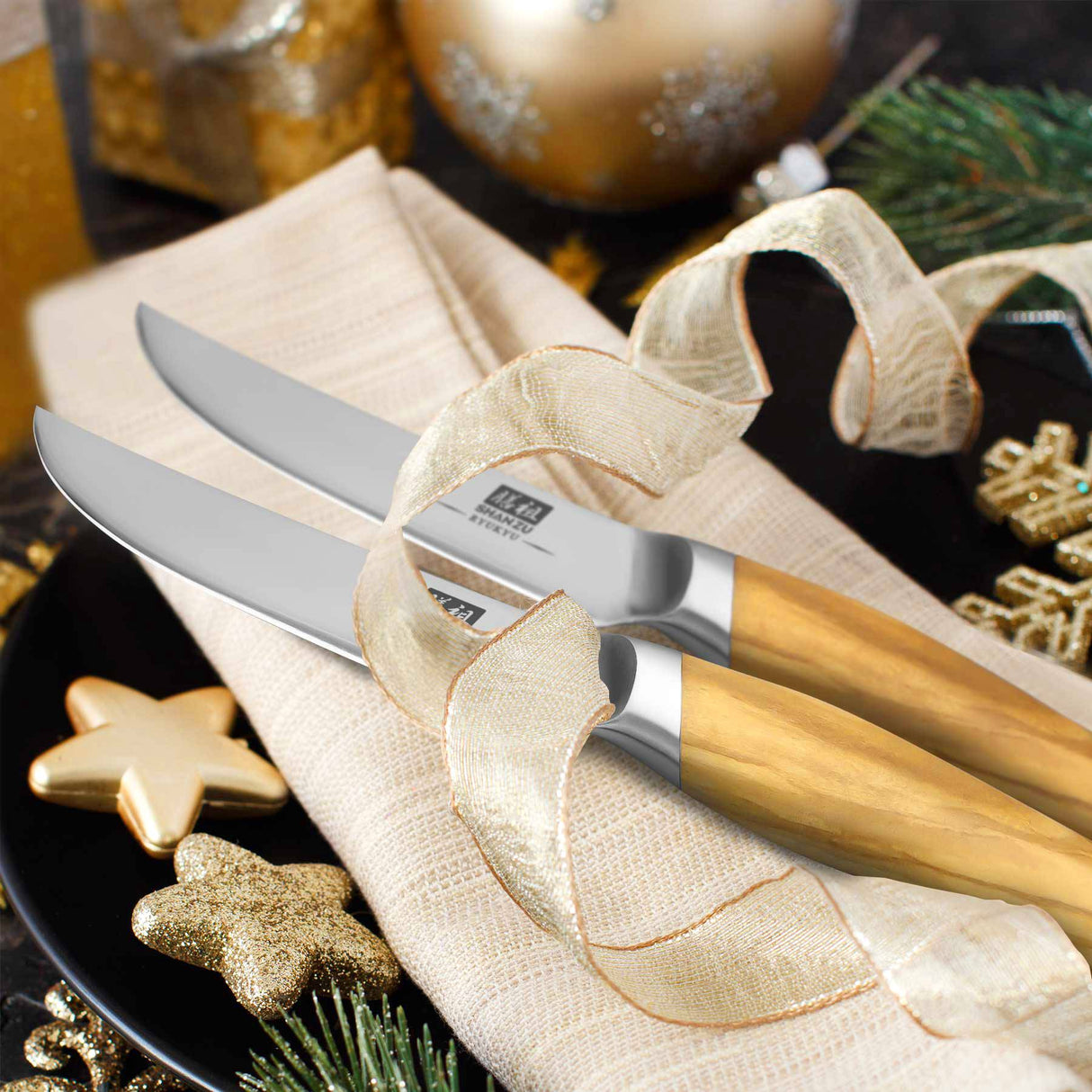 Razor-Sharp Steak Knife Set of 6 with Olive Wood Handle| Gift Box Dinner Knives
