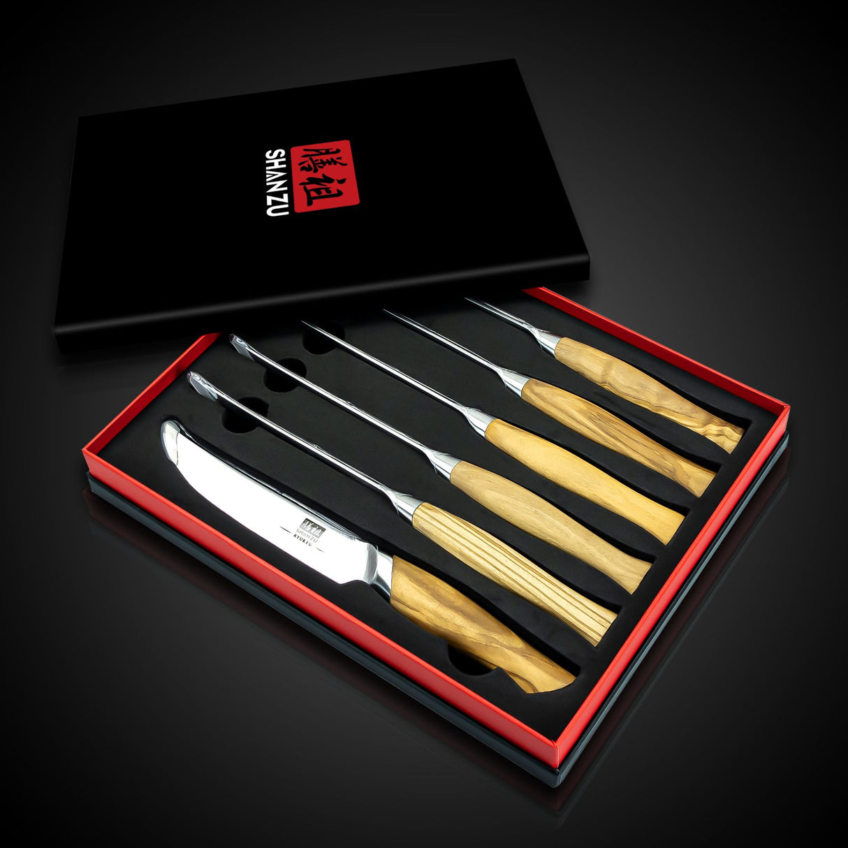 Razor-Sharp Steak Knife Set of 6 with Olive Wood Handle| Gift Box Dinner Knives