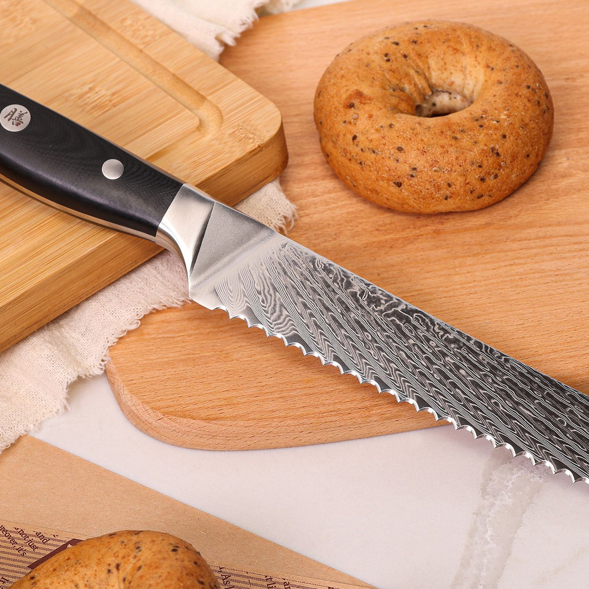SHAN ZU 7.80" Blade Damascus Bread Knife | Serrated Bread Knife for Homemade Bread | 67 Layers Damascus Steel + G10 Handle