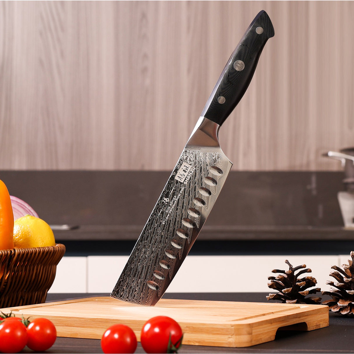 SHAN ZU 6.90" Blade Damascus Nakiri Knife | Professional Handcrafted Gyuto Nakiri Knife | 67 Layers Damascus Steel + G10 Handle