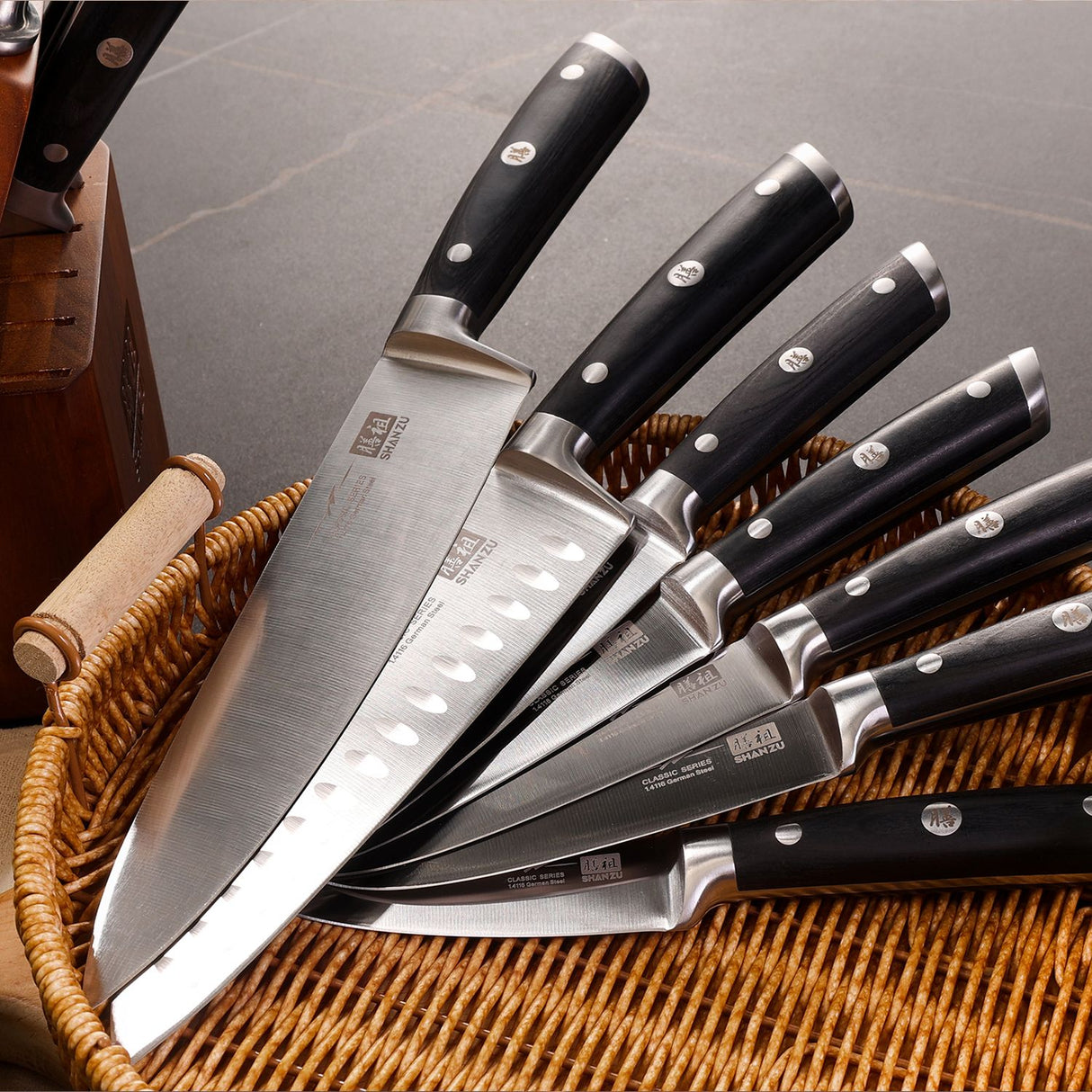SHAN ZU High Carbon Stainless Steel 14-PCS Kitchen Knife Block Set | Japanese Cooking Knife Set with Gift Box
