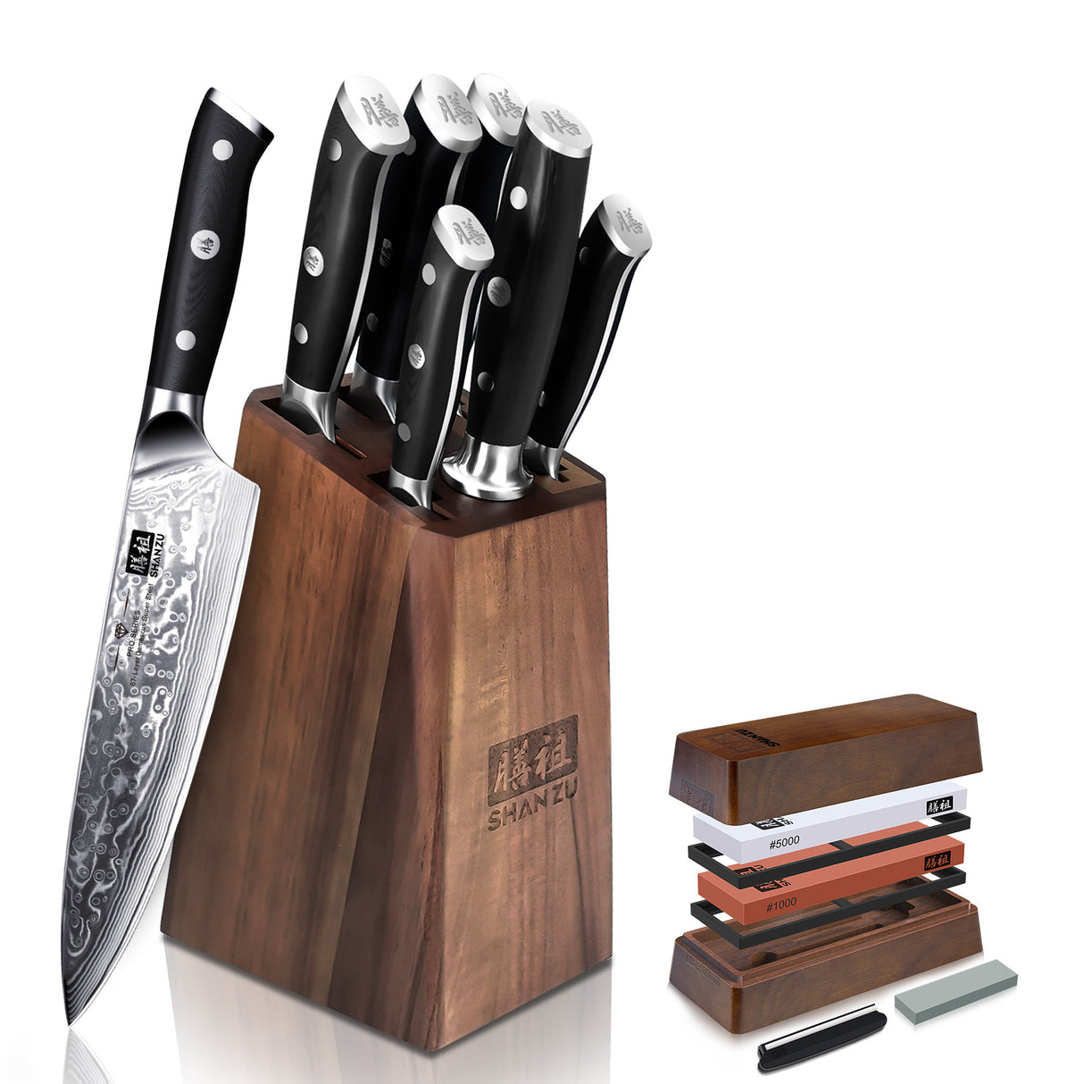 PRO 7-PCS Damascus Kitchen Knife Set With Block+Whetstone