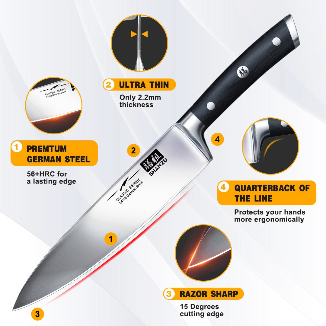 SHAN ZU High Carbon Steel 7-PCS Kitchen Knife Block Set | Professional & Best Household Japanese HC Steel Chef Knife Set