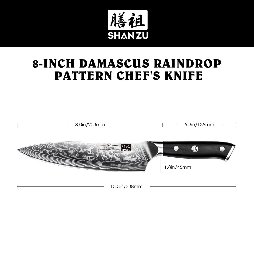 SHAN ZU 8.00" Blade Damascus Chef Knife | Best Chef Cooking Knives | 67 Layers Damascus Steel + G10 Handle