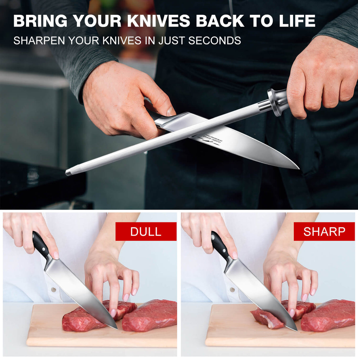 SHAN ZU 8" Professional Honing Steel for Chef Cooking Knives | Best Knife Sharpener Rod