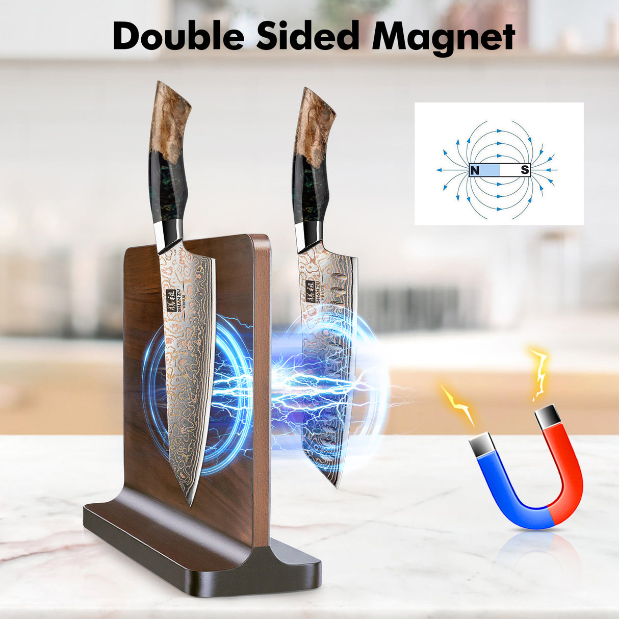 SHAN ZU Venus Series – 5-Piece Copper-Damascus Set + Wooden Magnetic Bar