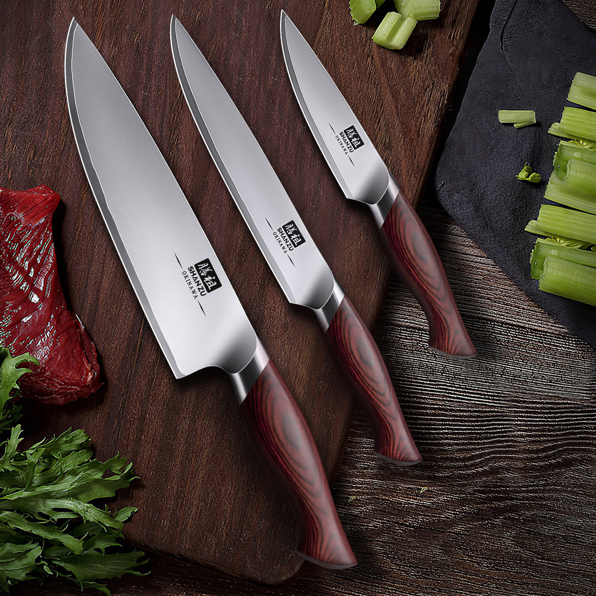 SHANZU Okinawa Series | 3-Piece Japanese Steel Set + 12" Magnetic Knife Holder