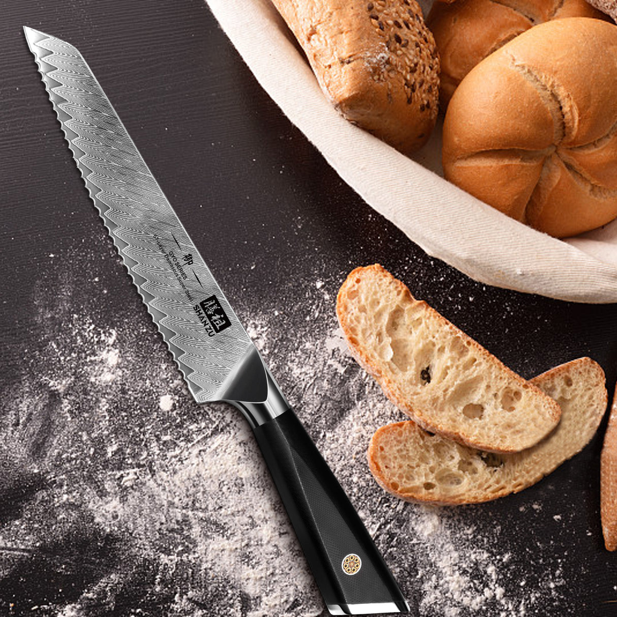 GYO Series | 8" Damascus Bread Knife + Magnetic Knife Sheath