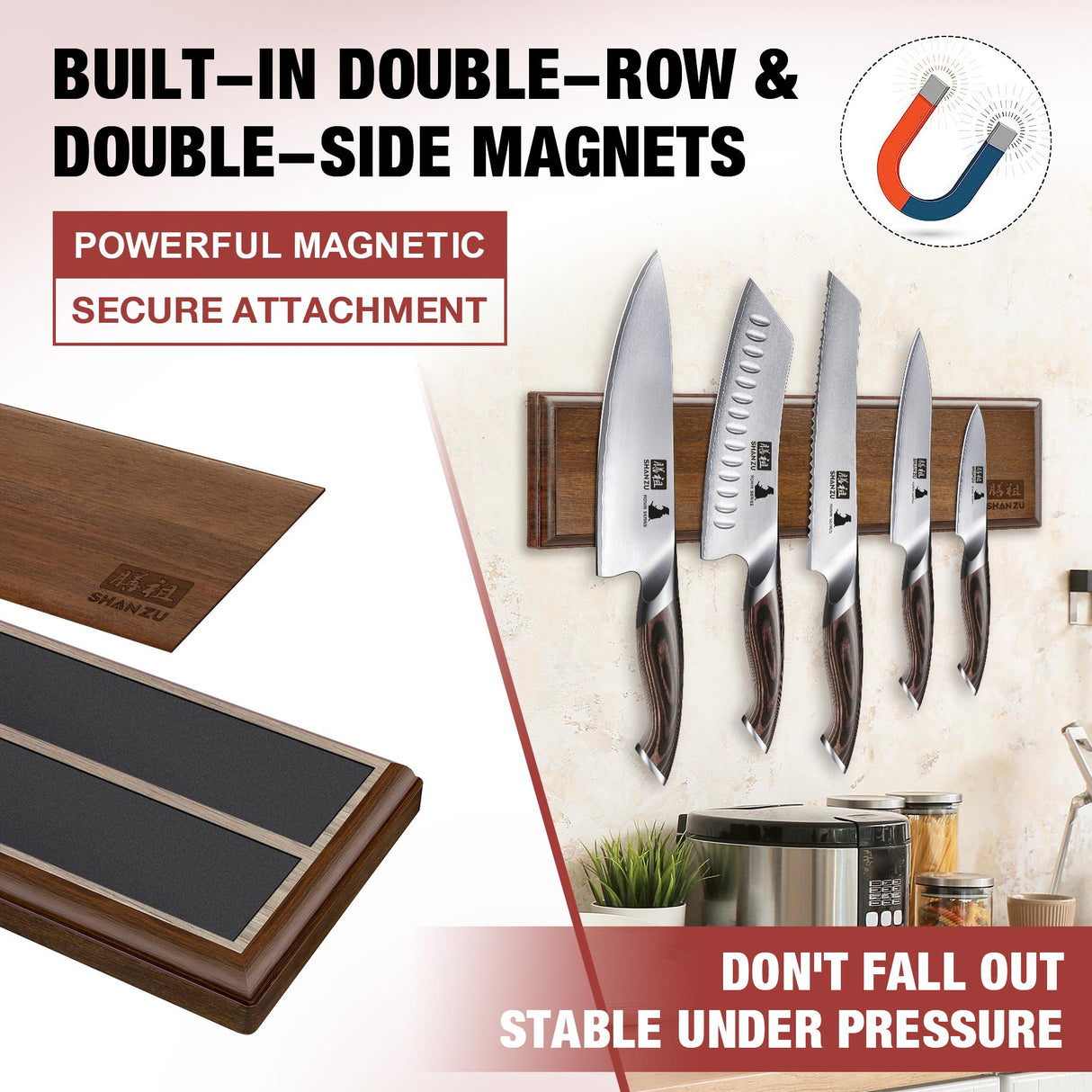 SHAN ZU 12" Wooden Magnetic Knife Holder for Wall & Fridge | Magnetic Knife Strips Use as Knife Bar