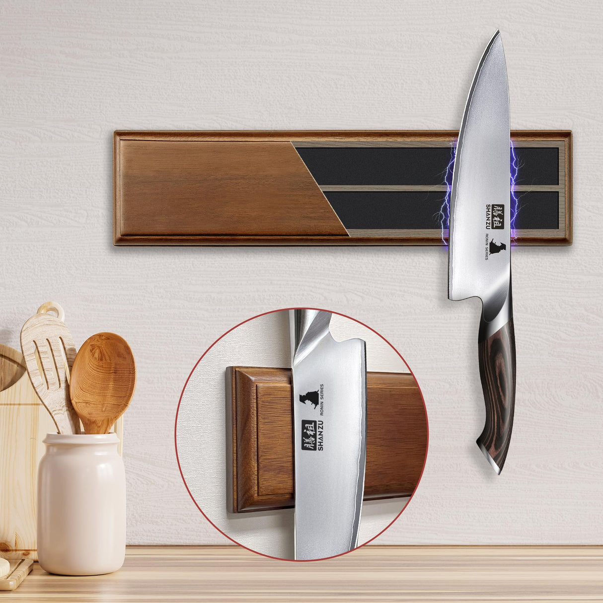 SHAN ZU 12" Wooden Magnetic Knife Holder for Wall & Fridge | Magnetic Knife Strips Use as Knife Bar