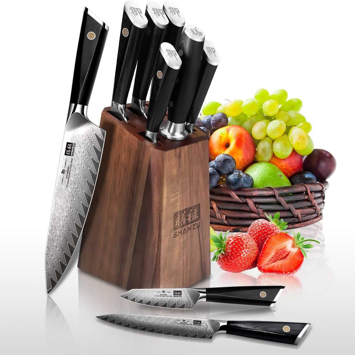 SHAN ZU 7-PCS Damascus GYO Knife Set with Block | Professional Kitchen Cutlery | Set of Best Knives For Kitchen