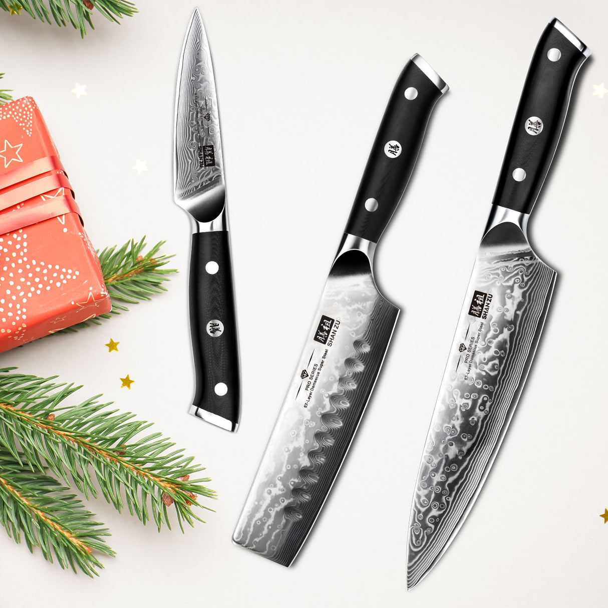 SHAN ZU Pro Series – 3-Piece Classic Damascus Knife Set + 12" Magnetic Knife Holder