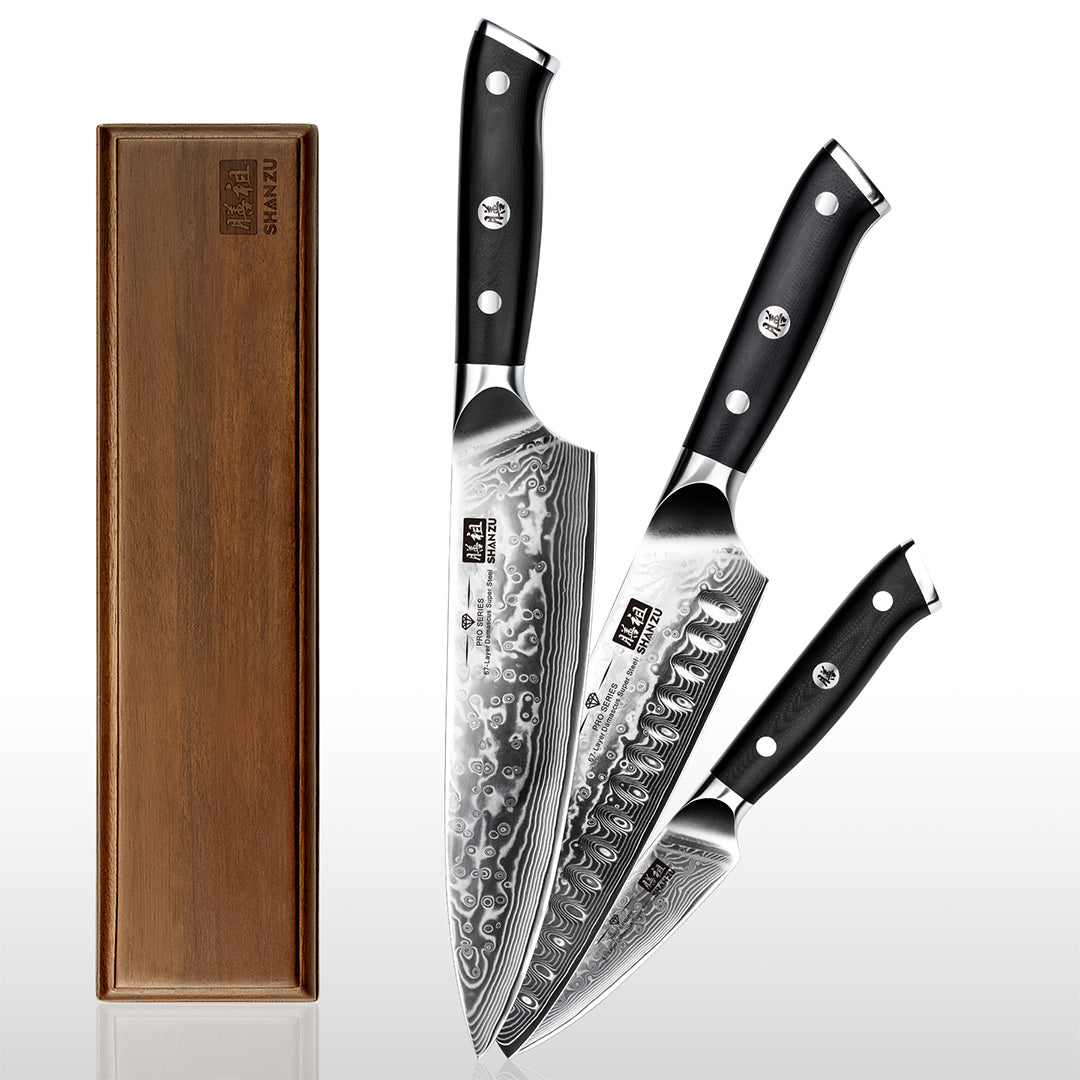 SHAN ZU Pro Series | 3-Piece Damascus Knife Set + 12