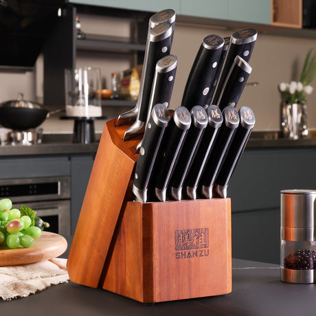 SHAN ZU High Carbon Stainless Steel 14-PCS Kitchen Knife Block Set | Japanese Cooking Knife Set with Gift Box