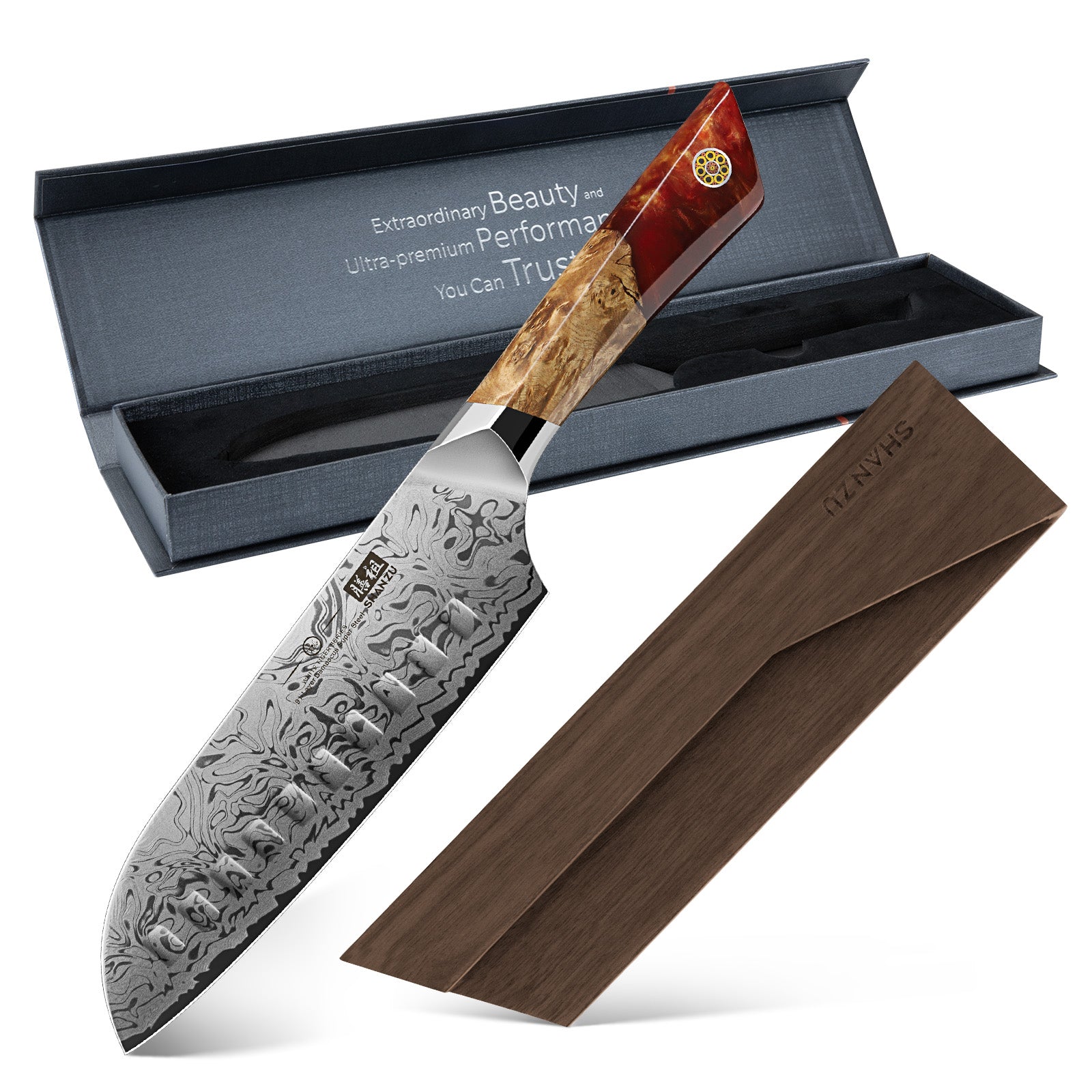 White Tiger Series | SHAN ZU Damask Santoku Knife+MAGNETIC KNIFE HOLDER