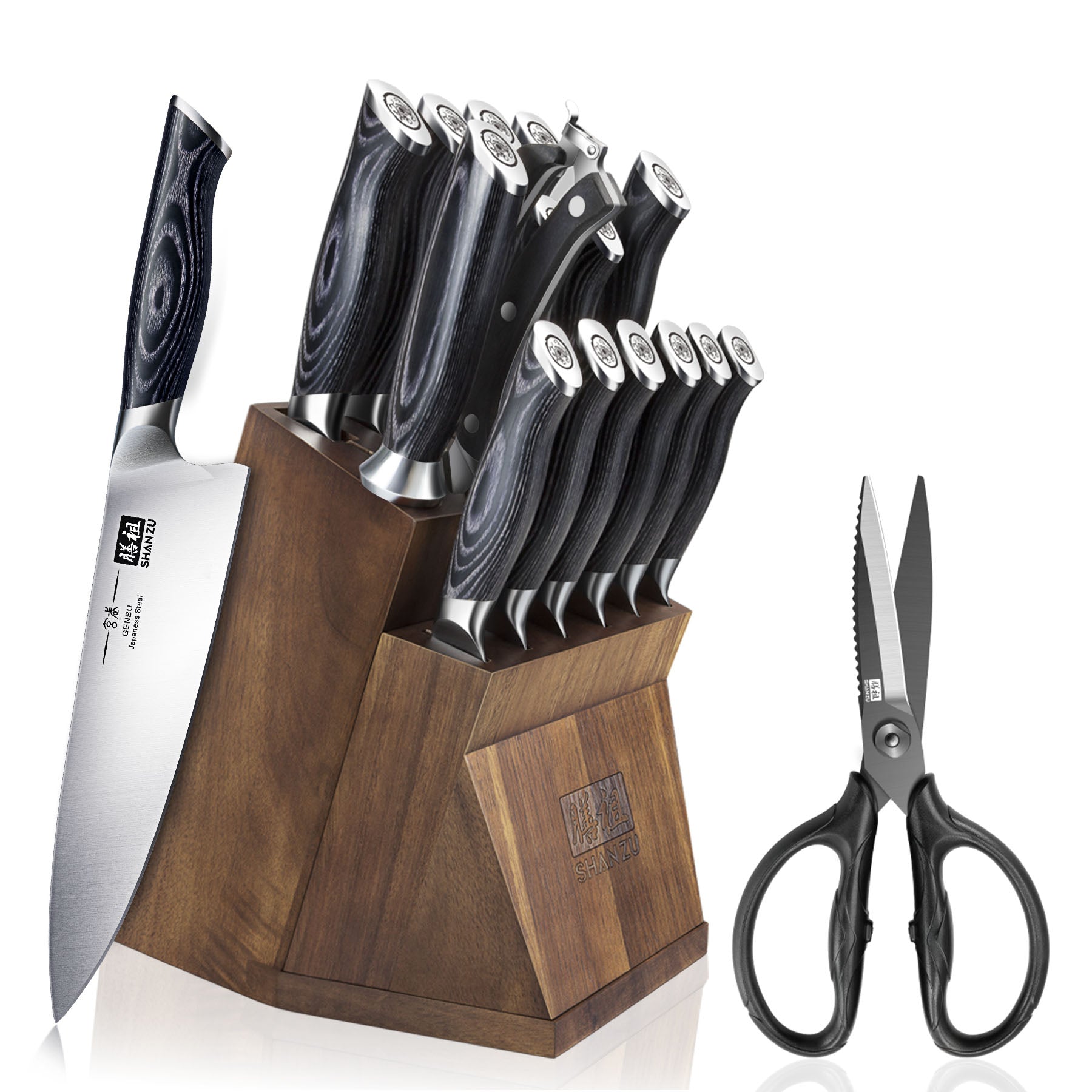 Genbu 16-PCS Kitchen Knife Set With Block+Kitchen Scissors