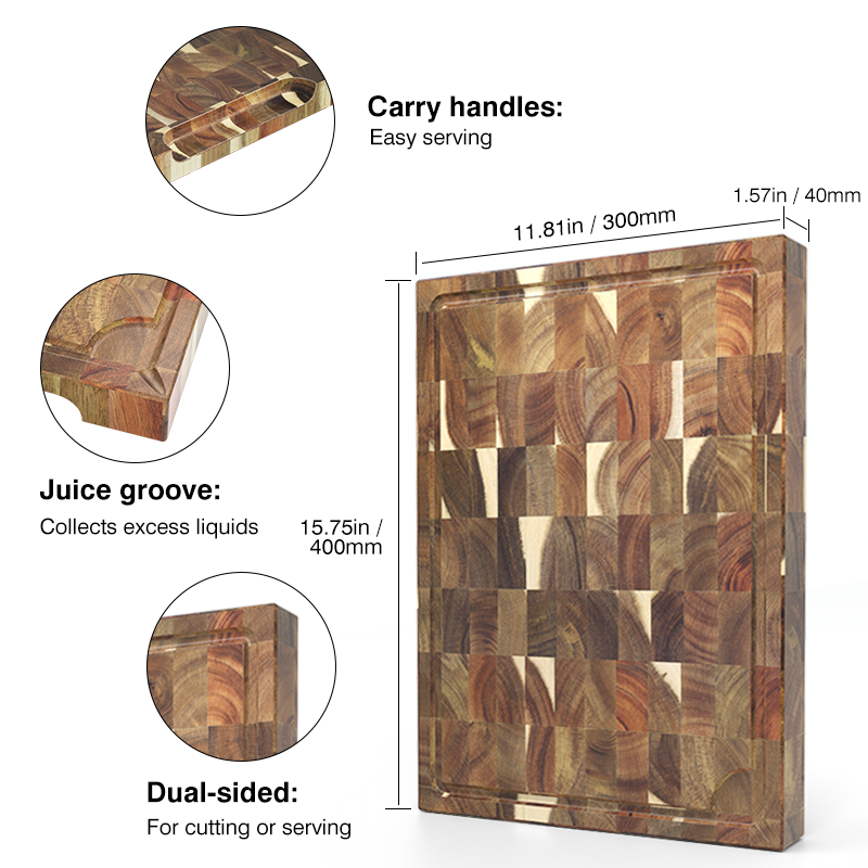 SHANZU Double-Sided Acacia End-Grain Cutting Board with Juice Groove & TPR Drainage – 40 × 30 × 4 cm