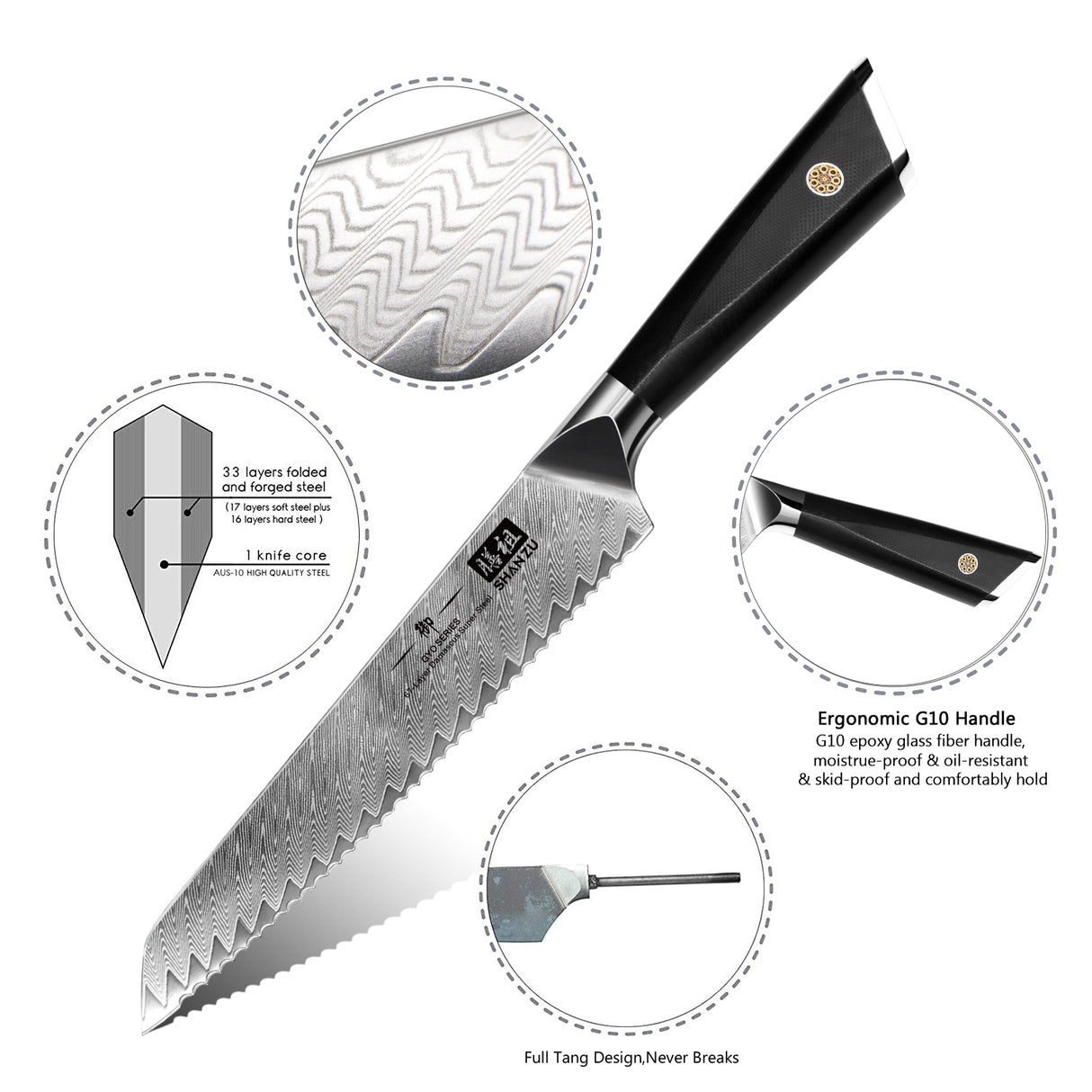 GYO Series | 8" Damascus Bread Knife + Magnetic Knife Sheath
