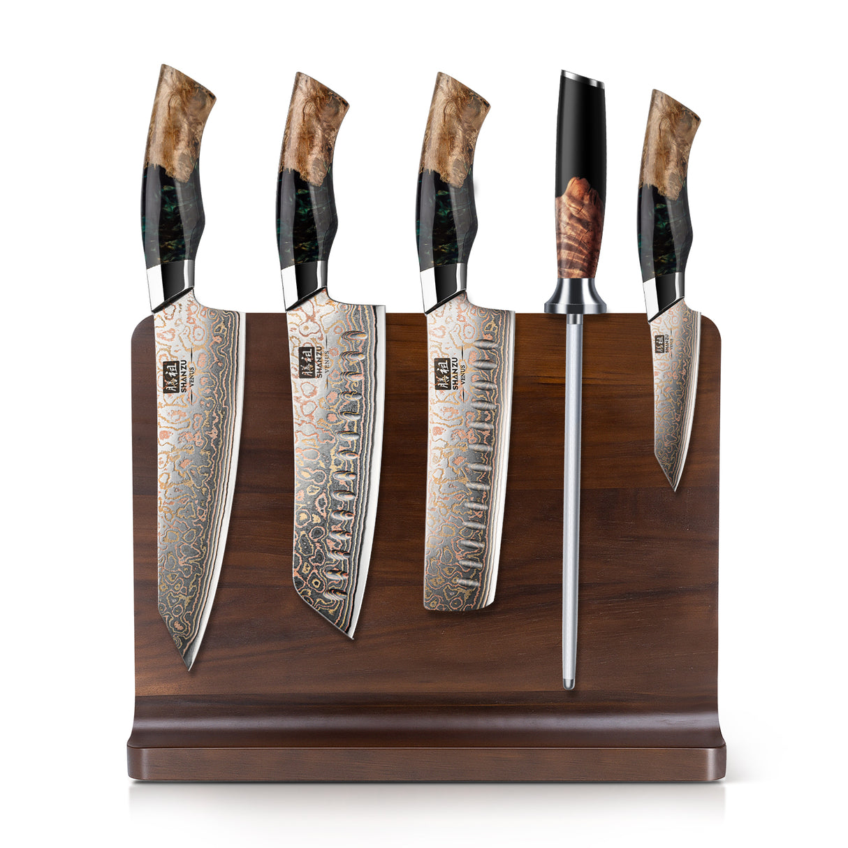 SHAN ZU Venus Series – 5-Piece Copper-Damascus Set + Wooden Magnetic Bar