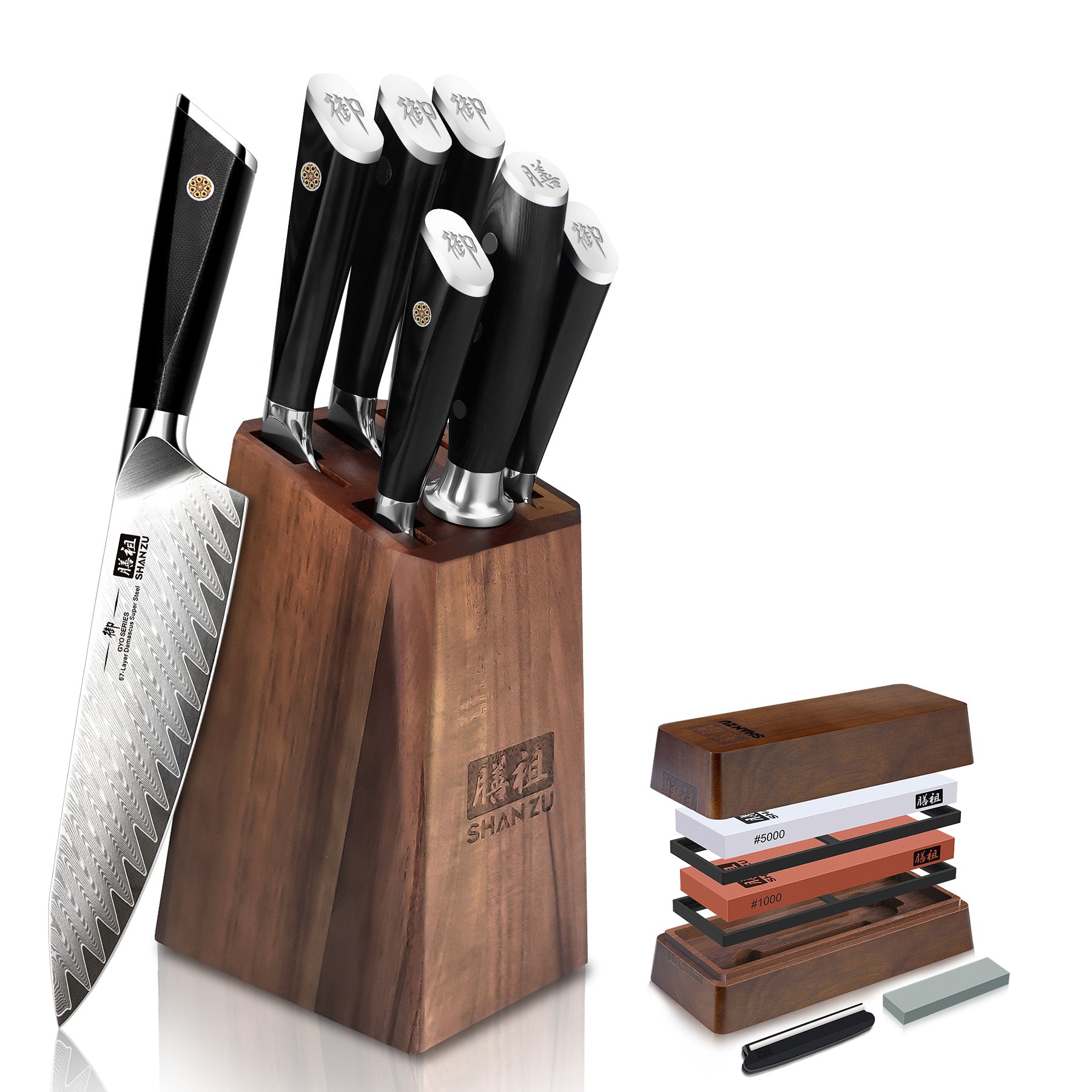 GYO 7-PCS Damascus Kitchen Knife Set With Block+Whetstone