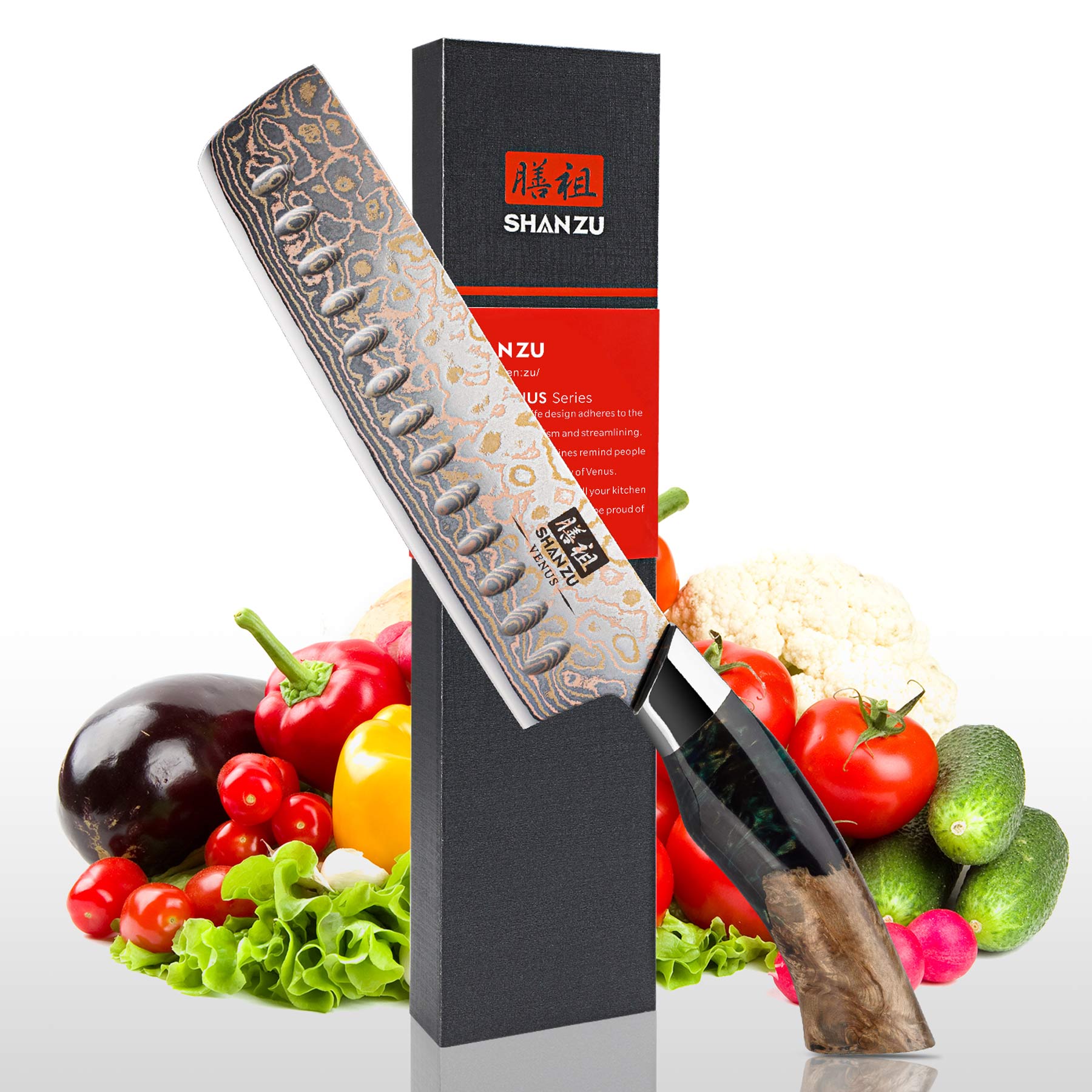 Venus Copper Damascus Nakiri Knife