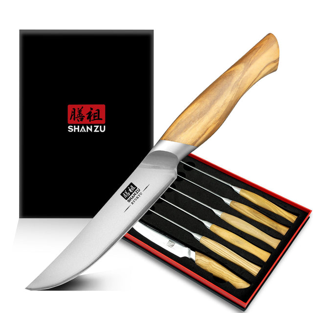 Razor-Sharp Steak Knife Set of 6 with Olive Wood Handle