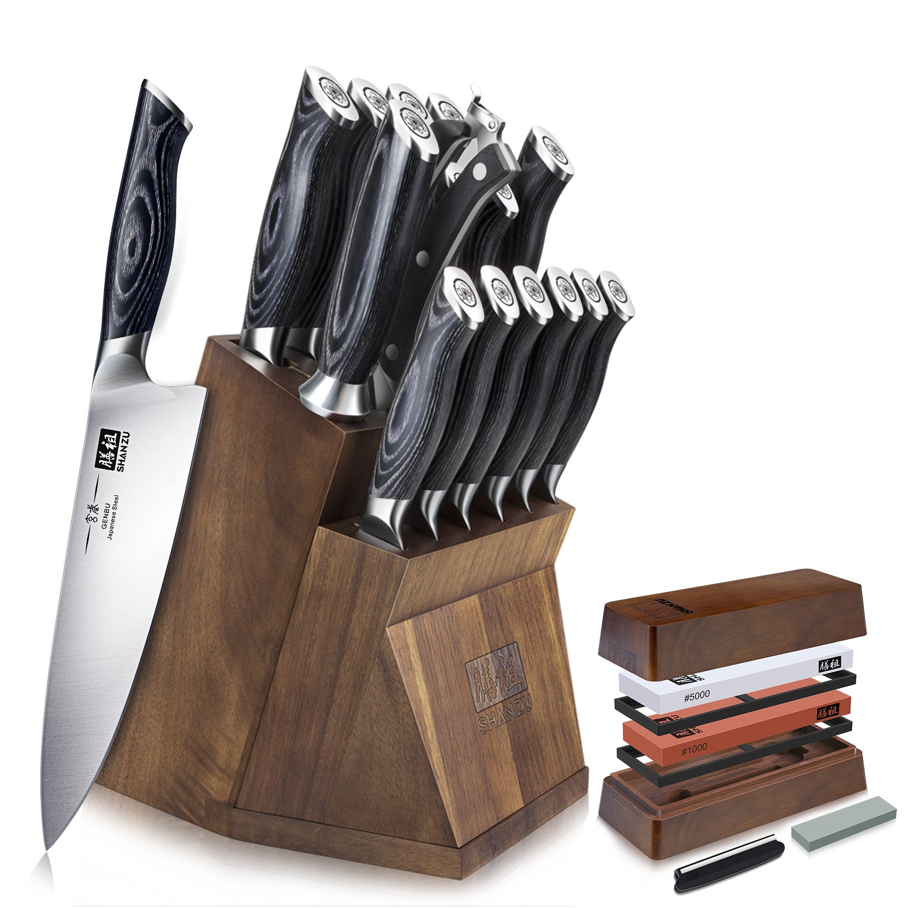 Genbu 16-PCS Kitchen Knife Set With Block+Whetstone