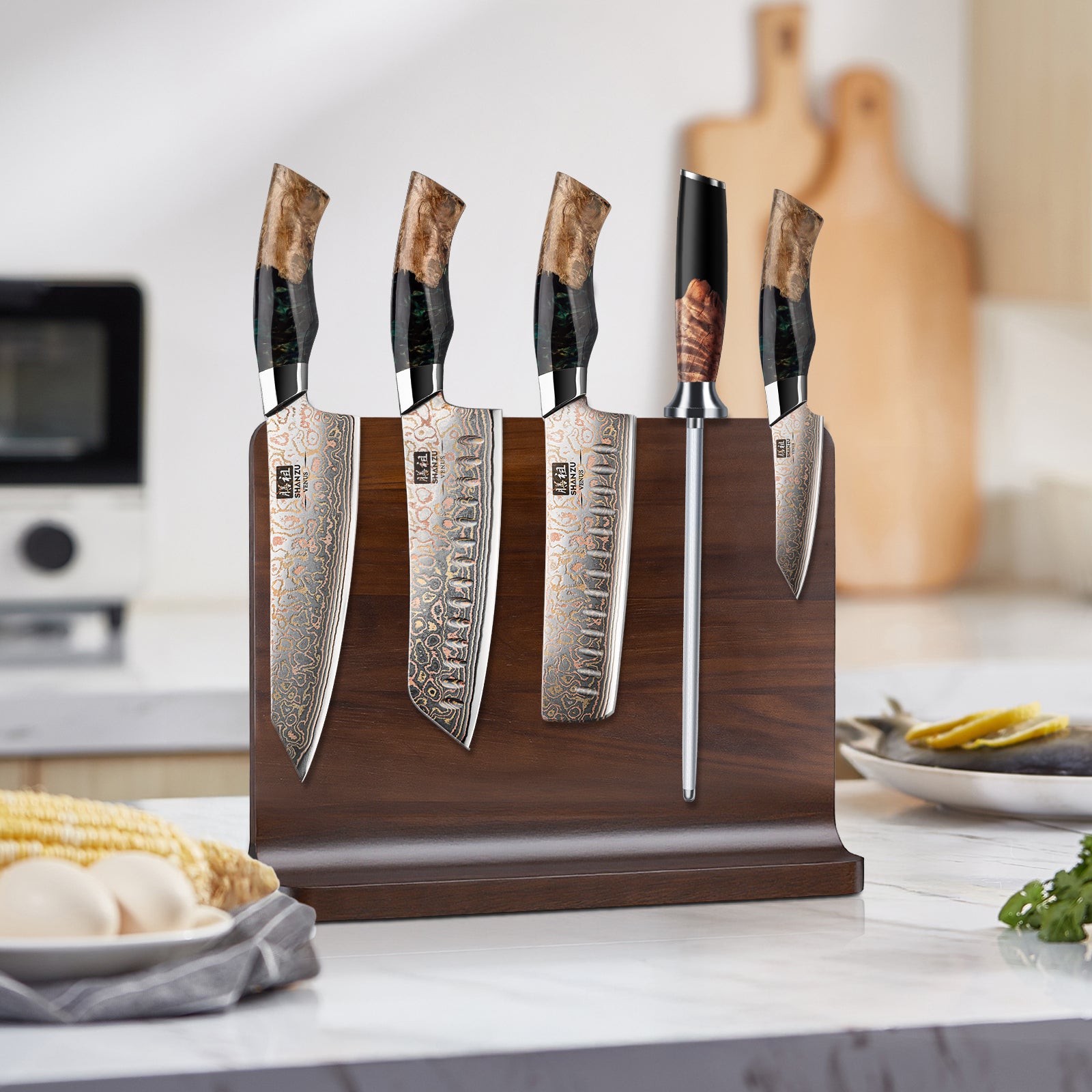 SHAN ZU Venus Series – 5-Piece Copper-Damascus Set + Magnetic Knife Block
