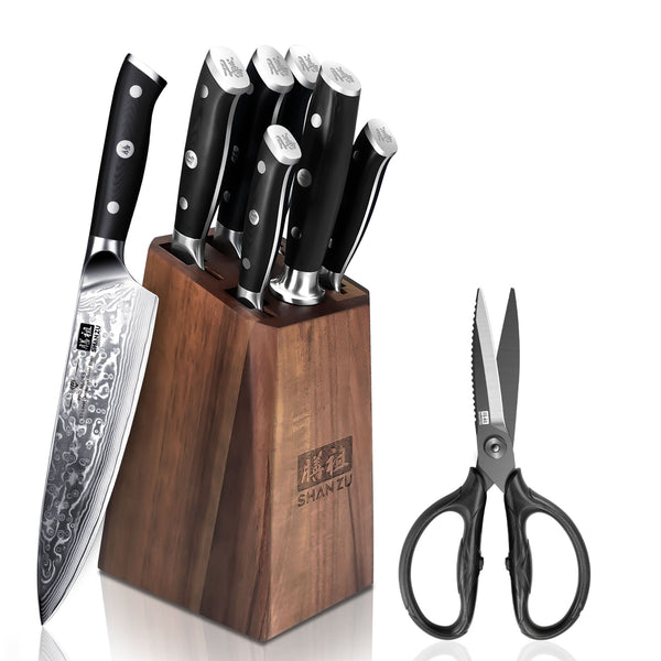 SHAN ZU 7-PCS Damascus PRO Knife Set with Block & Gift Knife Set