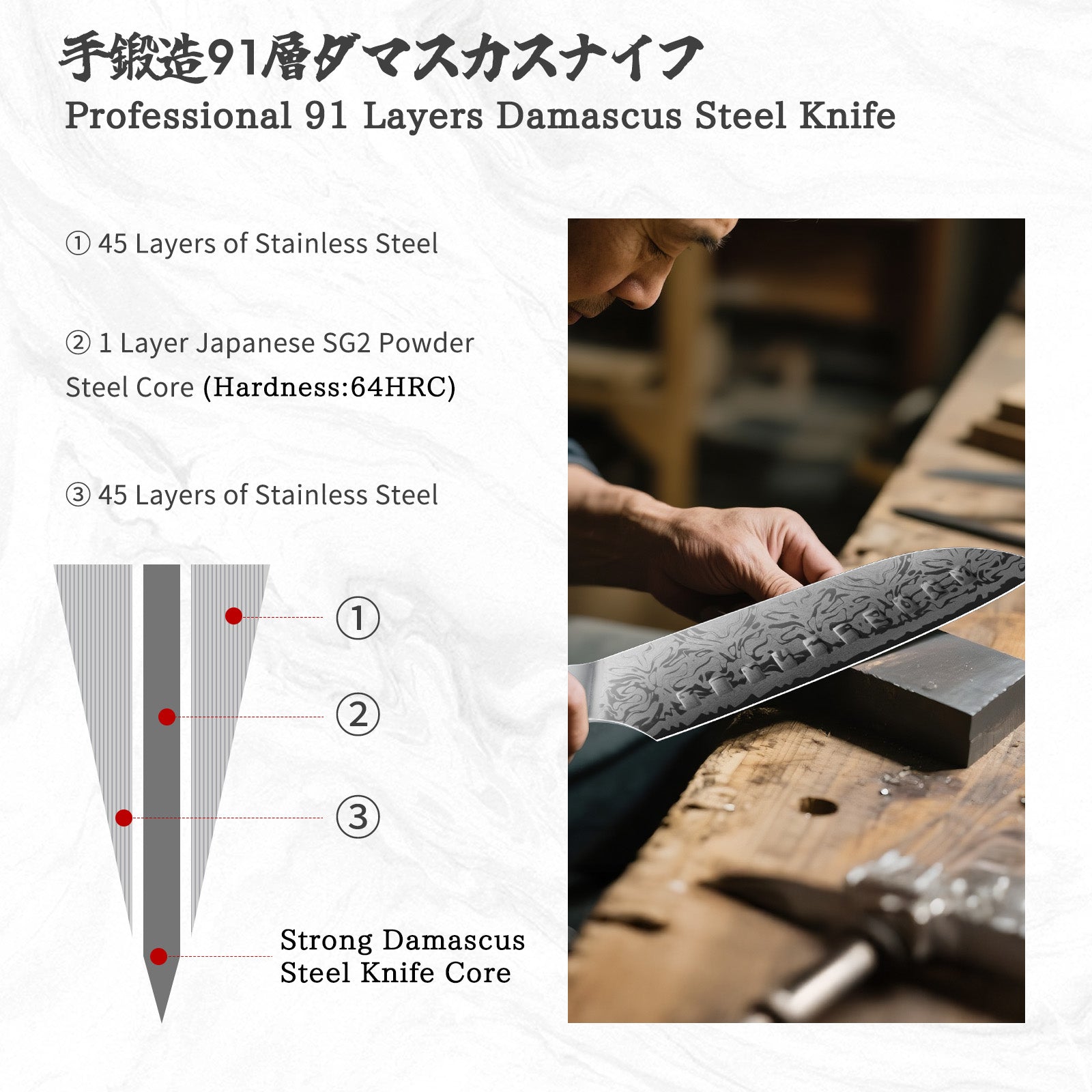 White Tiger Series | SHAN ZU Damask Santoku Knife+MAGNETIC KNIFE HOLDER