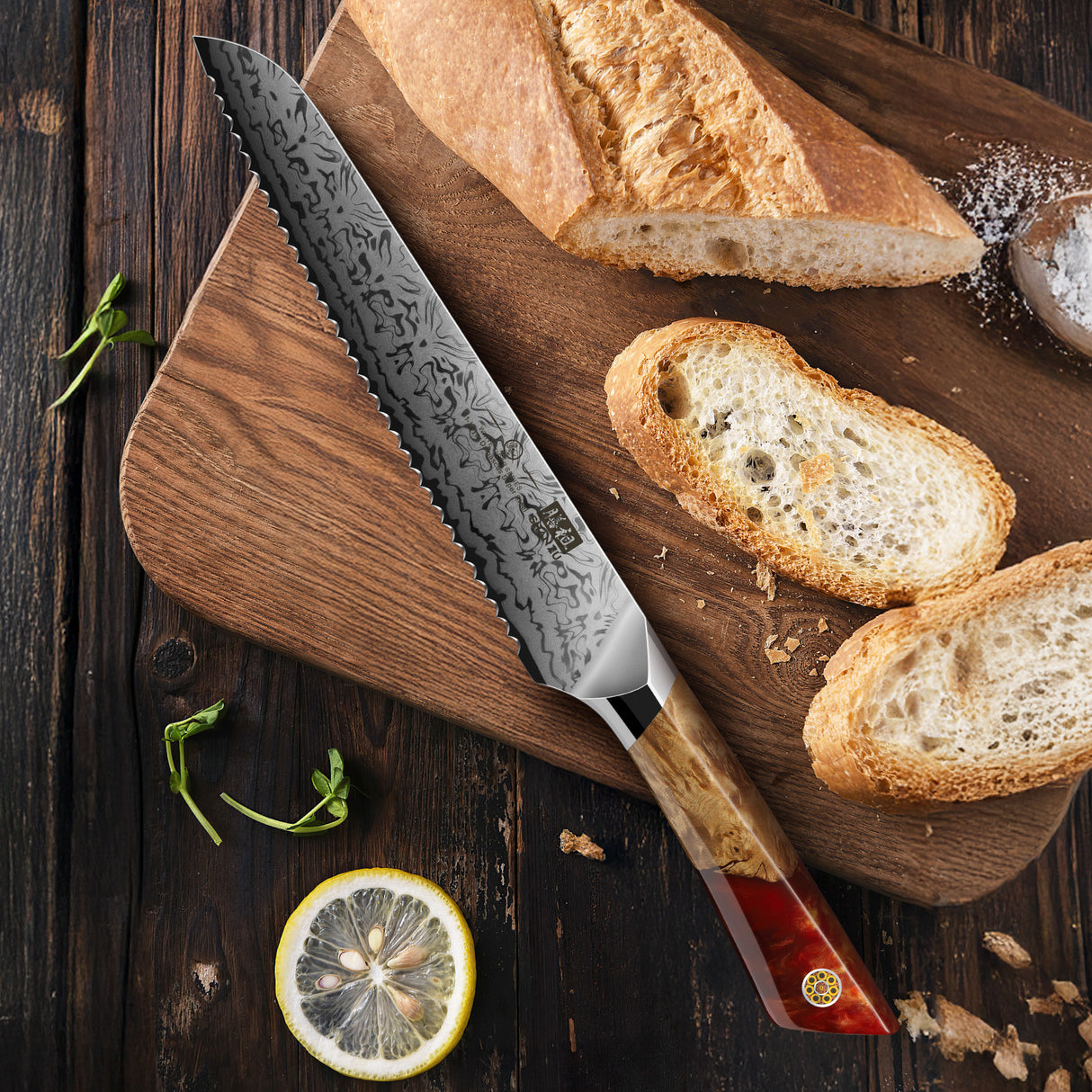 White Tiger Series | SHAN ZU Damask Bread Knife+MAGNETIC KNIFE HOLDER