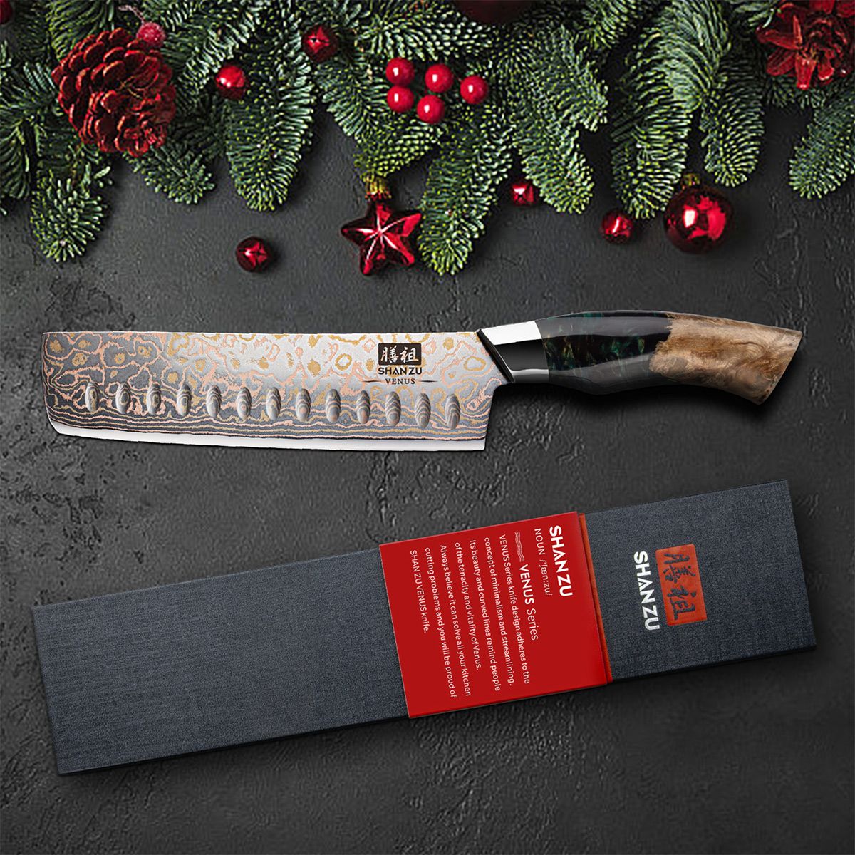 Venus Copper Damascus Nakiri Knife