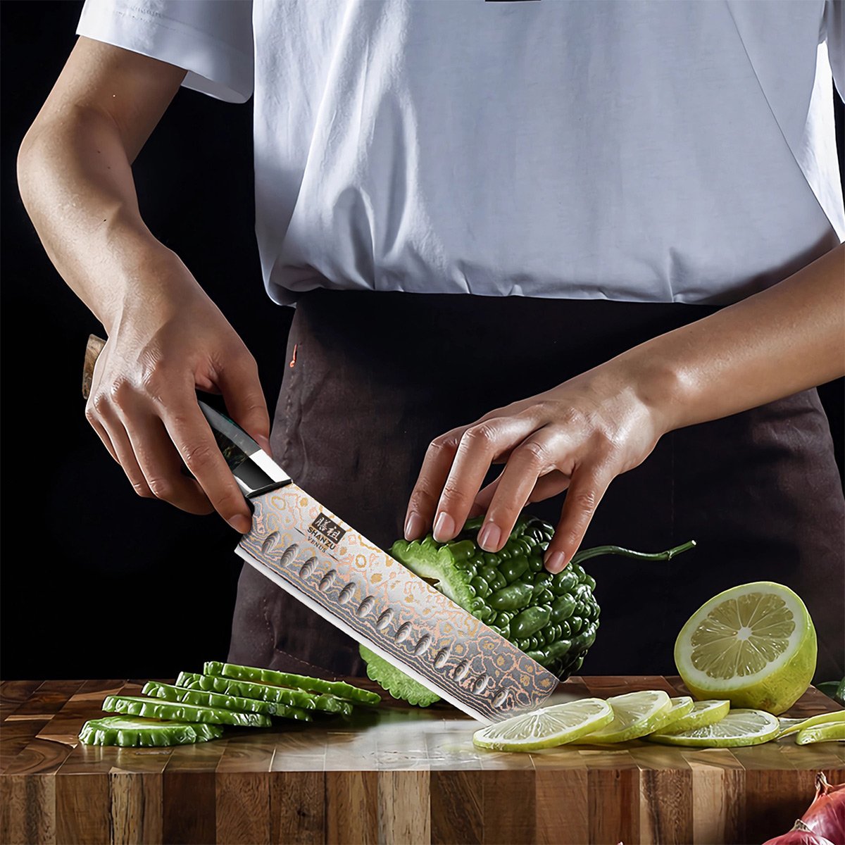 Venus Copper Damascus Nakiri Knife