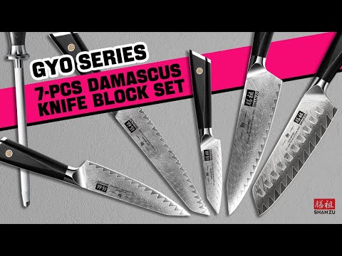 SHAN ZU 7-PCS Damascus GYO Knife Set with Block | Professional Kitchen Cutlery | Set of Best Knives For Kitchen